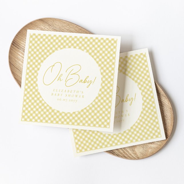 Oh baby cute yellow gingham neutral baby shower napkin (Creator Uploaded)