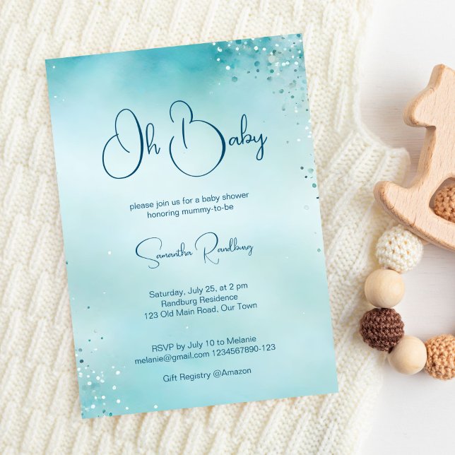 Oh baby cyan aqua blue baby shower invitation (Oh baby cyan aqua blue baby shower invitation template digital download simple minimalist modern)