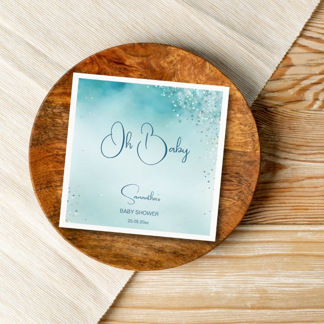 Oh baby cyan aqua blue baby shower template napkin (Oh baby cyan aqua blue ocean baby shower template printed napkins personalized tableware)