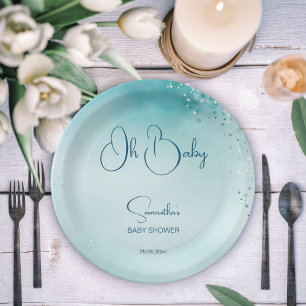 Oh baby cyan aqua blue baby shower template paper plate