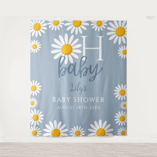 Oh Baby Daisy Blue Baby Shower Photo Backdrop Tapestry (Front)