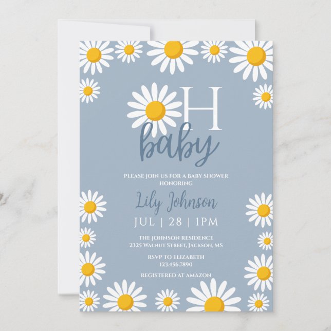 Oh Baby Daisy Dusty Blue Baby Shower  Invitation (Front)