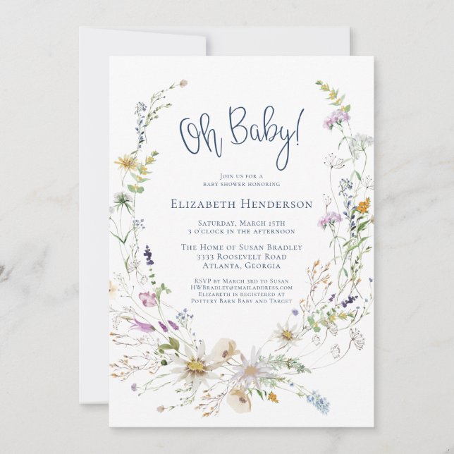 Oh Baby Delicate Watercolor Wildflower Baby Shower Invitation (Front)