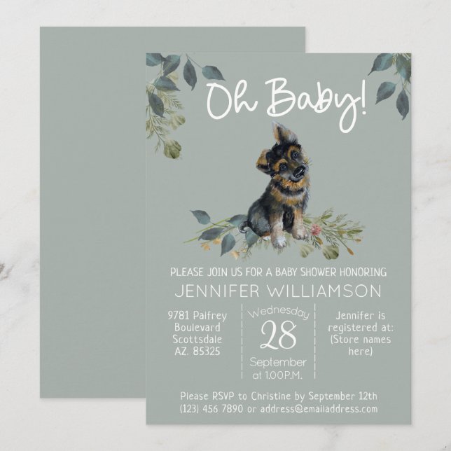 Oh Baby! Dog Baby Shower German Shepherd Sage Invitation (Front/Back)