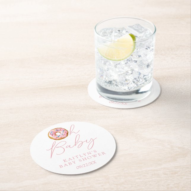 Oh Baby Doughnut Sprinkle Girls Baby Shower Round Paper Coaster (Insitu)
