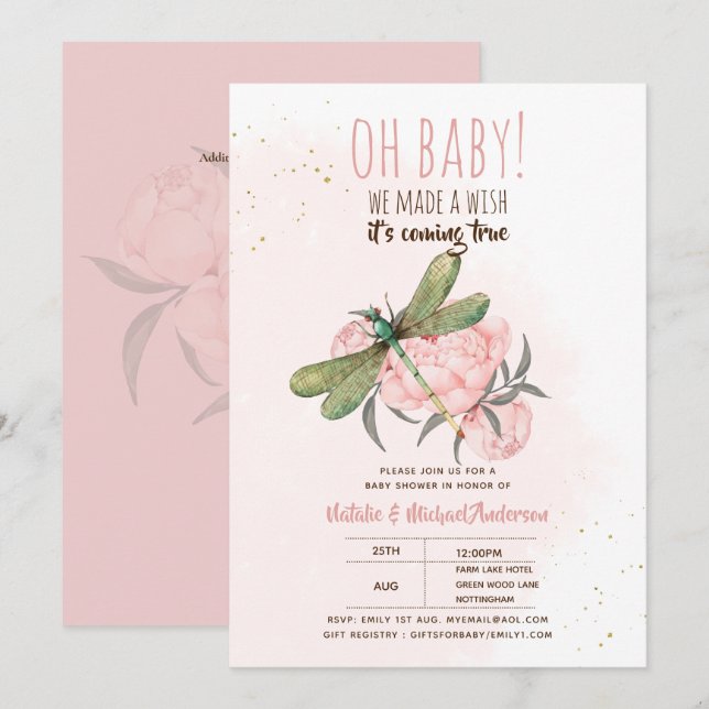 Oh Baby DRAGONFLY Make A Wish Baby Shower Floral I Invitation (Front/Back)