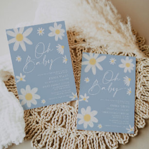 Oh Baby Dusty Blue Daisy Baby Shower Invitation
