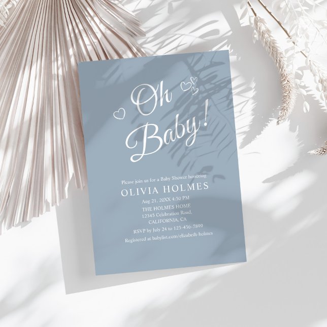 "Oh Baby" Dusty Blue Modern Minimalist Baby Shower Invitation ("Oh Baby" Dusty Blue Modern Minimalist Baby Shower Invitation on a sunny boho white table.)