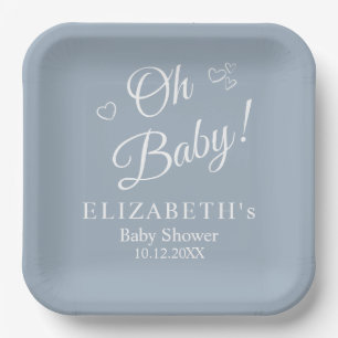 "Oh Baby" Dusty Blue Modern Minimalist Baby Shower Paper Plate