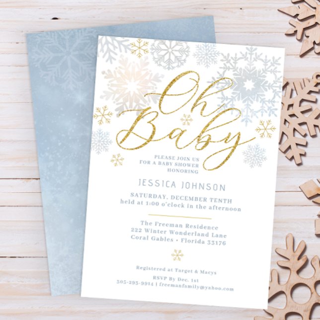 Oh Baby Dusty Blue Snowflake Shower Invite (Oh Baby Winter Wonderland Baby Shower Invitation - Dusty Blue & Glitter Gold)