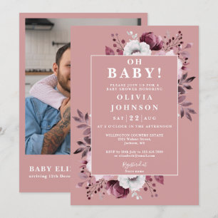 Oh Baby Dusty Rose Floral Photo QR Baby Shower Invitation