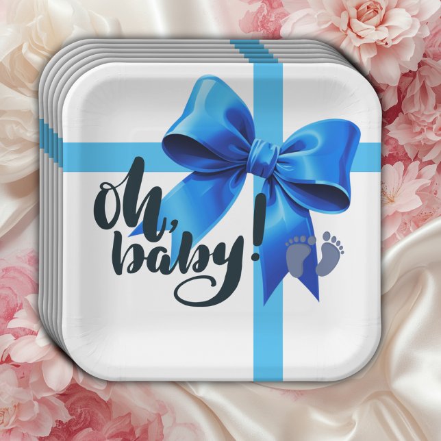 Oh Baby! Elegant Blue Bow Baby Shower Paper Plate (Creator Uploaded)