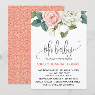 Oh Baby Elegant  Coral Flowers Baby Shower  Invitation