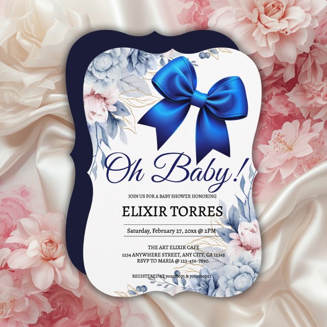 Oh Baby! Elegant Floral Blue Bow Baby Shower Invitation (Creator Uploaded)