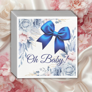 Oh Baby! Elegant Floral Blue Bow Baby Shower Napkin