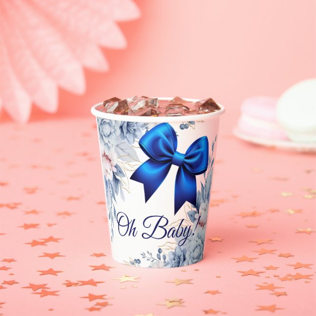 Oh Baby! Elegant Floral Blue Bow Baby Shower Paper Cups (Insitu)