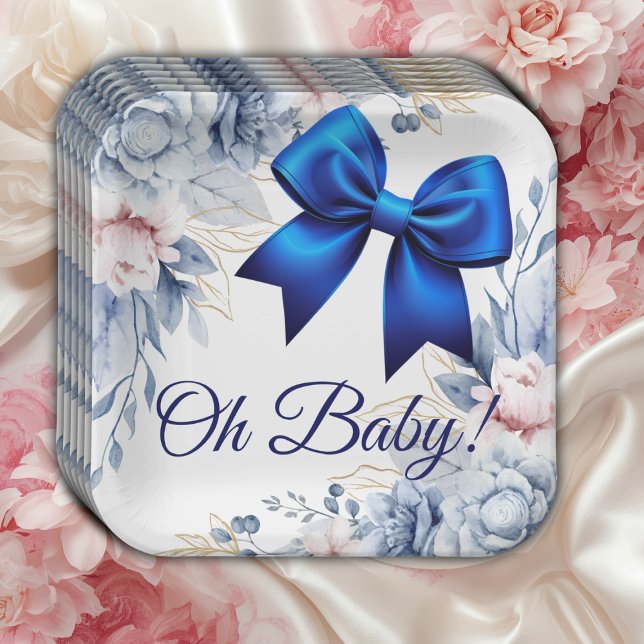 Oh Baby! Elegant Floral Blue Bow Baby Shower Paper Plate (Creator Uploaded)