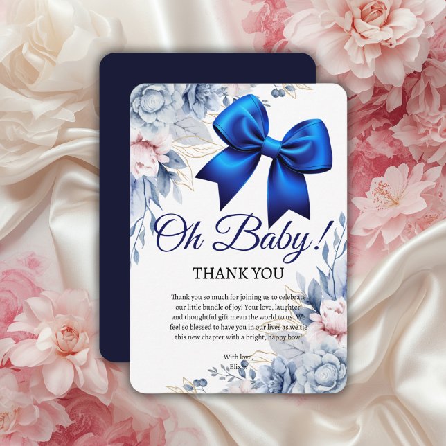 Oh Baby! Elegant Floral Blue Bow Baby Shower Thank You Card (Creator Uploaded)