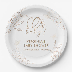 Oh Baby Elegant Gold Leaves Butterfly Baby Shower Paper Plate