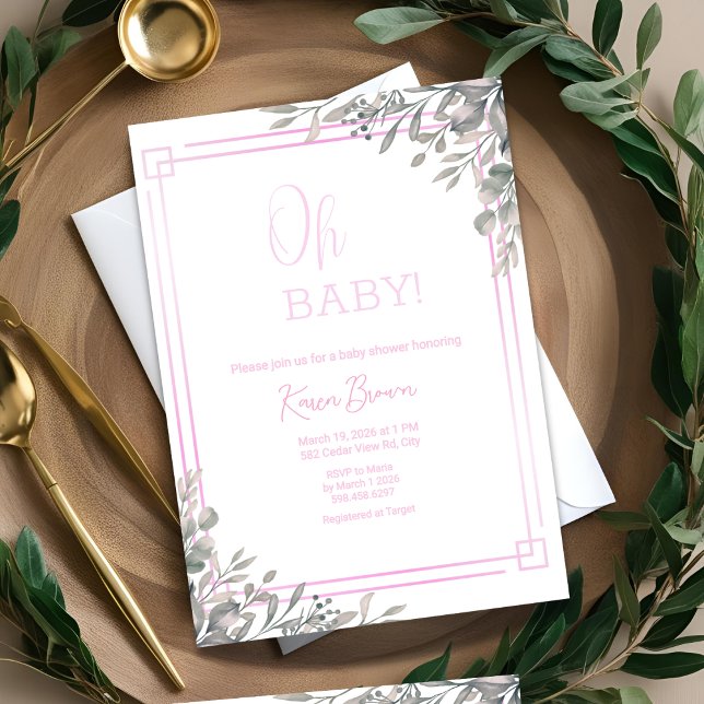 Oh baby Elegant Greenery and Pink Baby Shower  Invitation (Creator Uploaded)