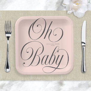 Oh Baby Elegant Script Blush Pink Girl Baby Shower Paper Plate