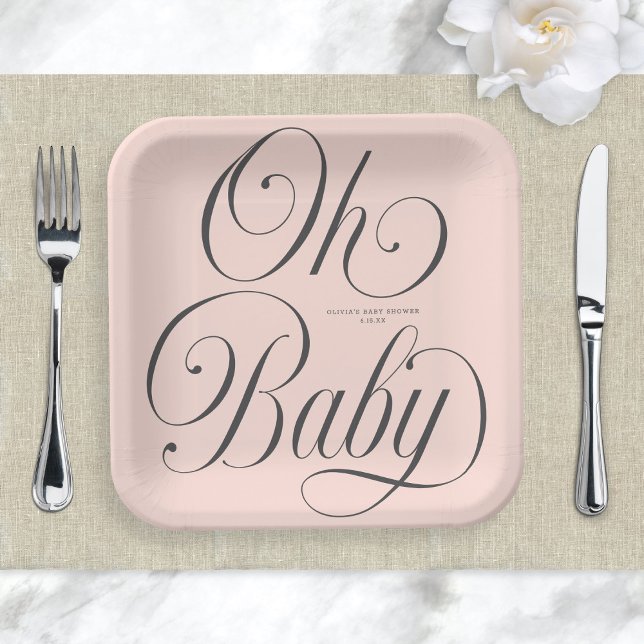 Oh Baby Elegant Script Blush Pink Girl Baby Shower Paper Plate (Creator Uploaded)