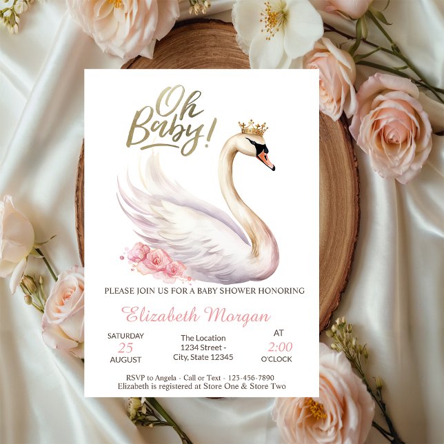 Oh Baby Elegant Swan Crown Flowers Baby Shower   Invitation (Creator Uploaded)