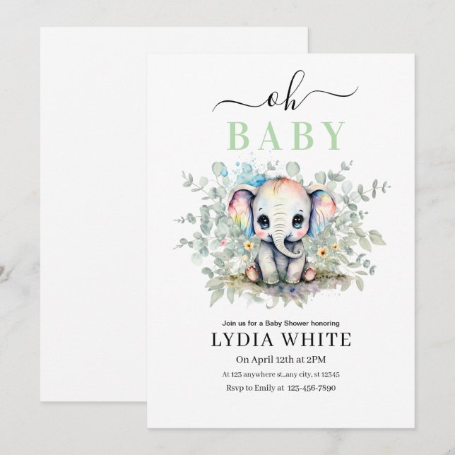 Oh baby Elephant Baby Shower Invitation, Boy baby  Invitation (Front/Back)