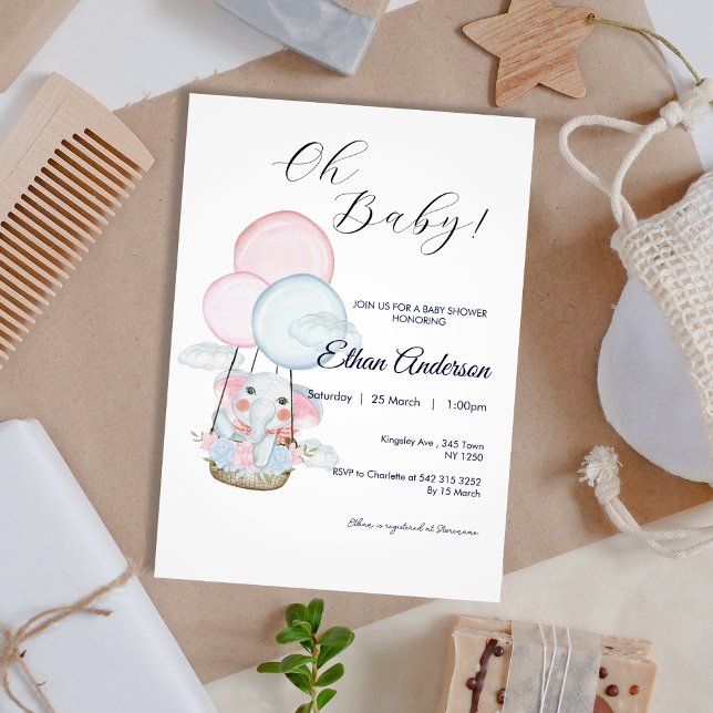 Oh Baby Elephant Balloon Baby Shower Invitation (Oh Baby Elephant Balloon Baby Shower Invite)