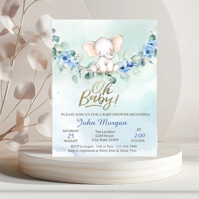 Oh Baby Elephant Blue Baby Shower  Invitation (Creator Uploaded)