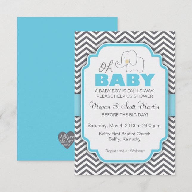 Oh Baby Elephant - Blue & Grey Baby Shower Invite (Front/Back)