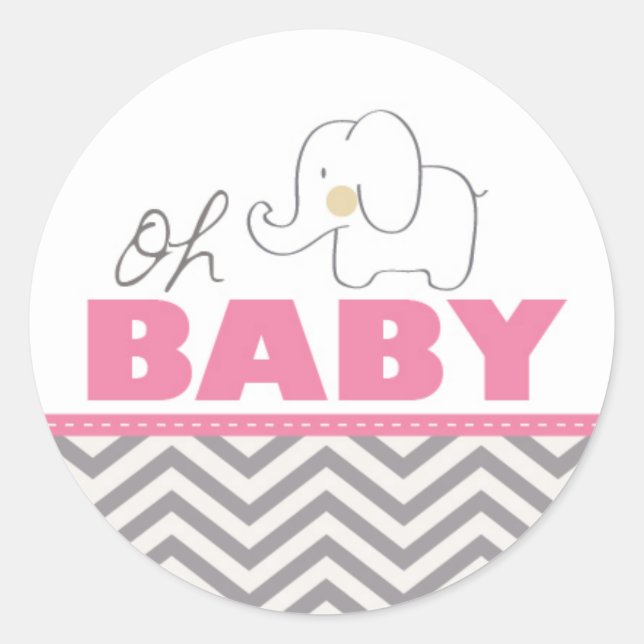 Oh Baby Elephant - Pink Baby Shower Invite Sticker (Front)
