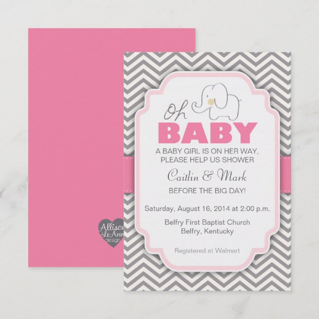 Oh Baby Elephant - Pink & Grey Baby Shower Invite (Front/Back)