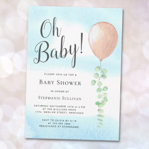 Oh Baby Eucalyptus Balloon Neutral Baby Shower Invitation