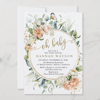 Oh Baby Eucalyptus Blush Pink Rose Baby Shower Invitation