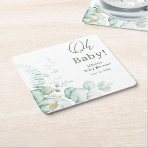 Oh Baby Eucalyptus Greenery Gold Baby Shower Square Paper Coaster