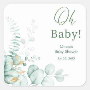 Oh Baby Eucalyptus Greenery Gold Baby Shower Square Sticker