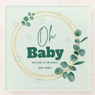 Oh Baby Eucalyptus Leaves Baby Shower Glass Coaster