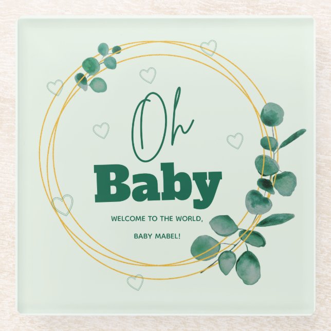 Oh Baby Eucalyptus Leaves Baby Shower Glass Coaster (Front)