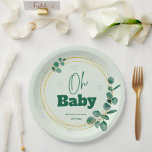 Oh Baby Eucalyptus Leaves Baby Shower Paper Plate