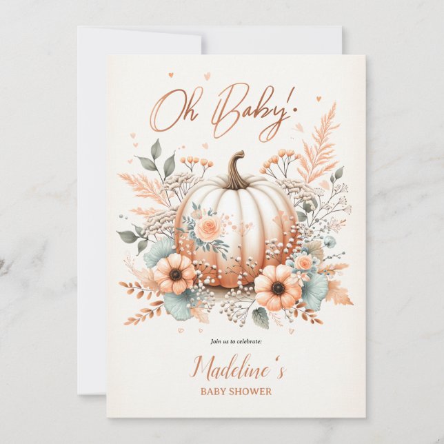  Oh Baby! Fall Pumpkin Baby Shower Blush Floral  Invitation (Front)