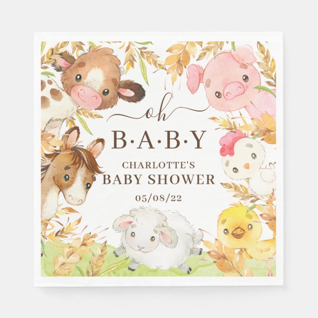 Oh Baby Farm Animals Baby Shower Paper Napkins (Front)