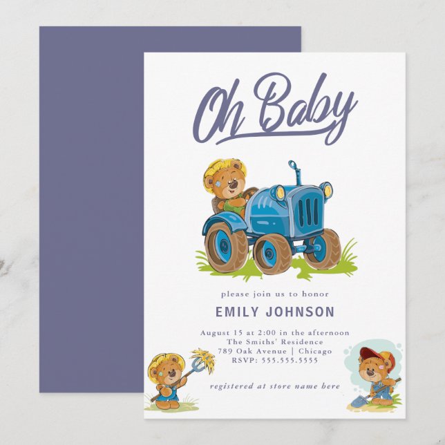 Oh Baby Farm Tractor Baby Shower Invitation (Front/Back)