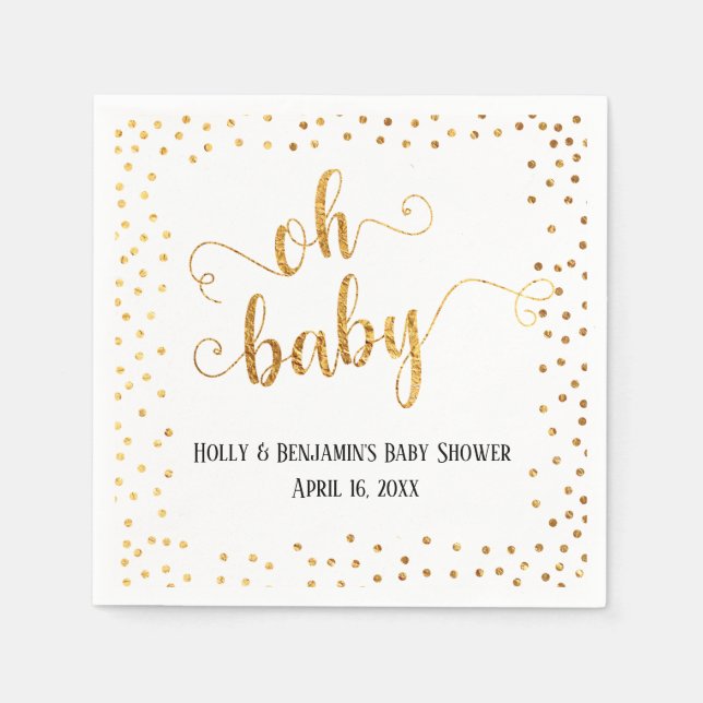 "Oh Baby" Faux Gold Foil Confetti, Names & Date Napkin (Front)