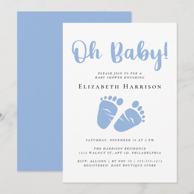 Oh Baby Feet Blue Baby Boy Shower Invitation (Front/Back)