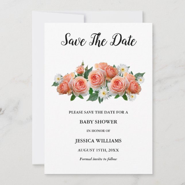 "Oh baby" Floral Apricot Roses Baby Shower Save The Date (Front)