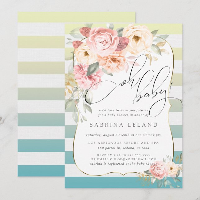 Oh Baby Floral Blue Yellow Ombre Stripes Invitation (Front/Back)