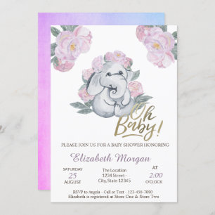 Oh Baby Floral Elephant Baby Shower   Invitation