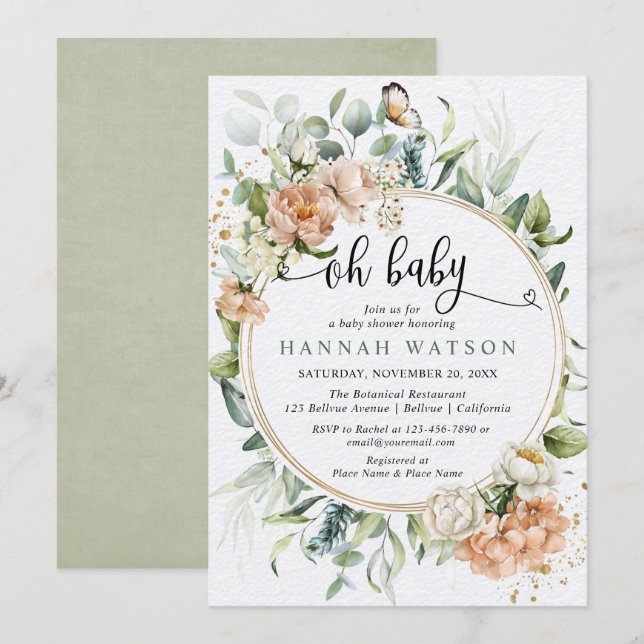 Oh baby floral foliage pink gold girl baby shower  invitation (Front/Back)