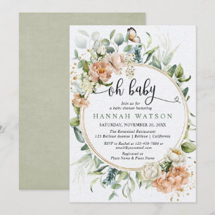 Oh baby floral foliage pink gold girl baby shower invitation